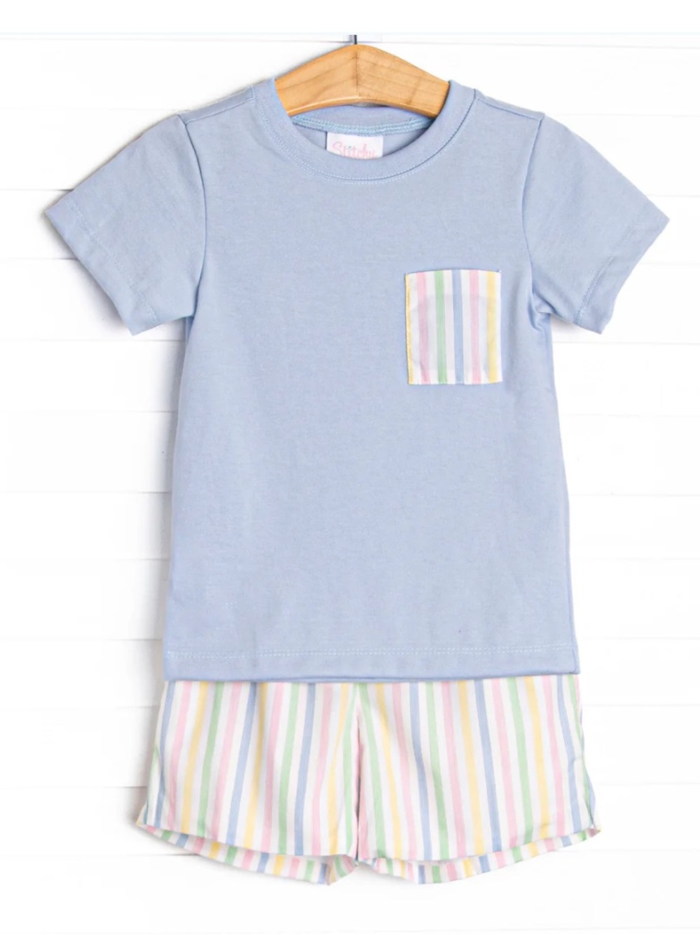 Stitchy Fish Light Blue Short Sleeve Set with Pastel Stripe Pocket and Shorts